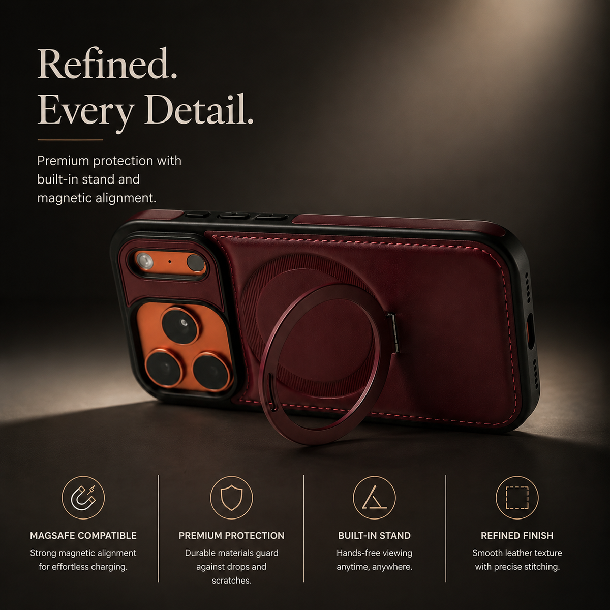 Premium iPhone Case MagSafe Compatible Leather Kickstand Shockproof Protective Cover Slim Business Retro Full Coverage Invisible Stand