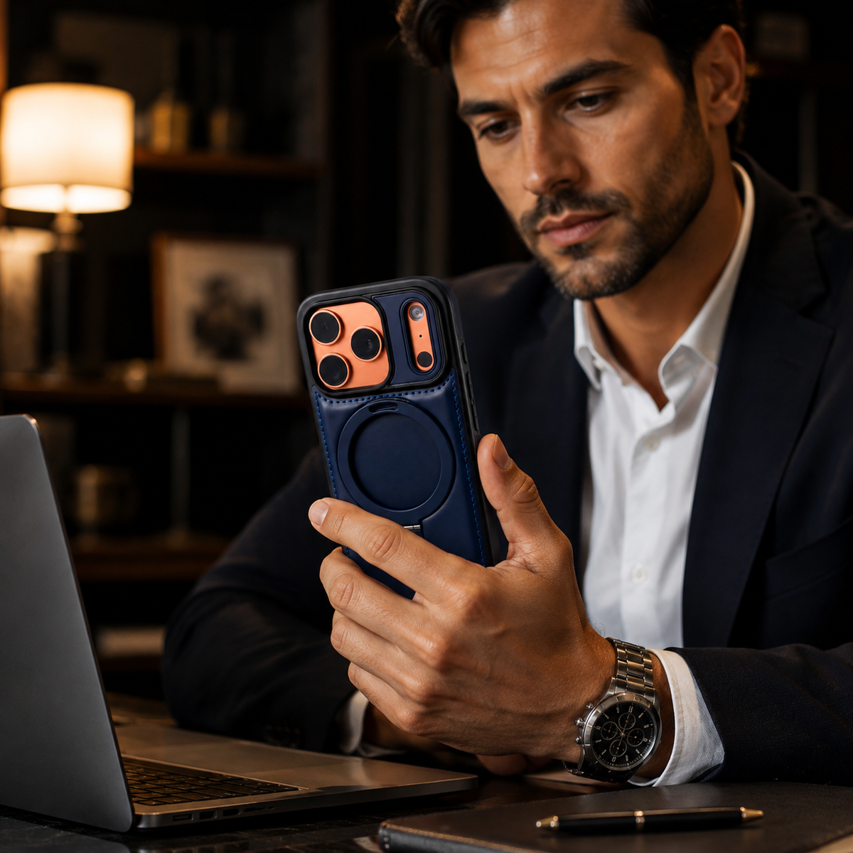 Premium iPhone Case MagSafe Compatible Leather Kickstand Shockproof Protective Cover Slim Business Retro Full Coverage Invisible Stand