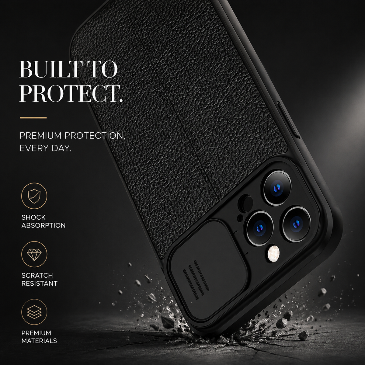 Premium iPhone Case MagSafe Compatible Leather Texture Sliding Camera Cover Shockproof Protective Cover with Lens Protection, Slim Design