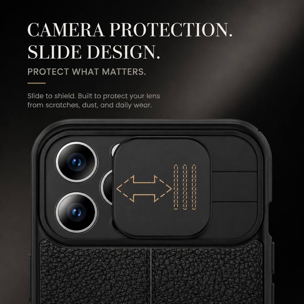 Premium iPhone Case MagSafe Compatible Leather Texture Sliding Camera Cover Shockproof Protective Cover with Lens Protection, Slim Design