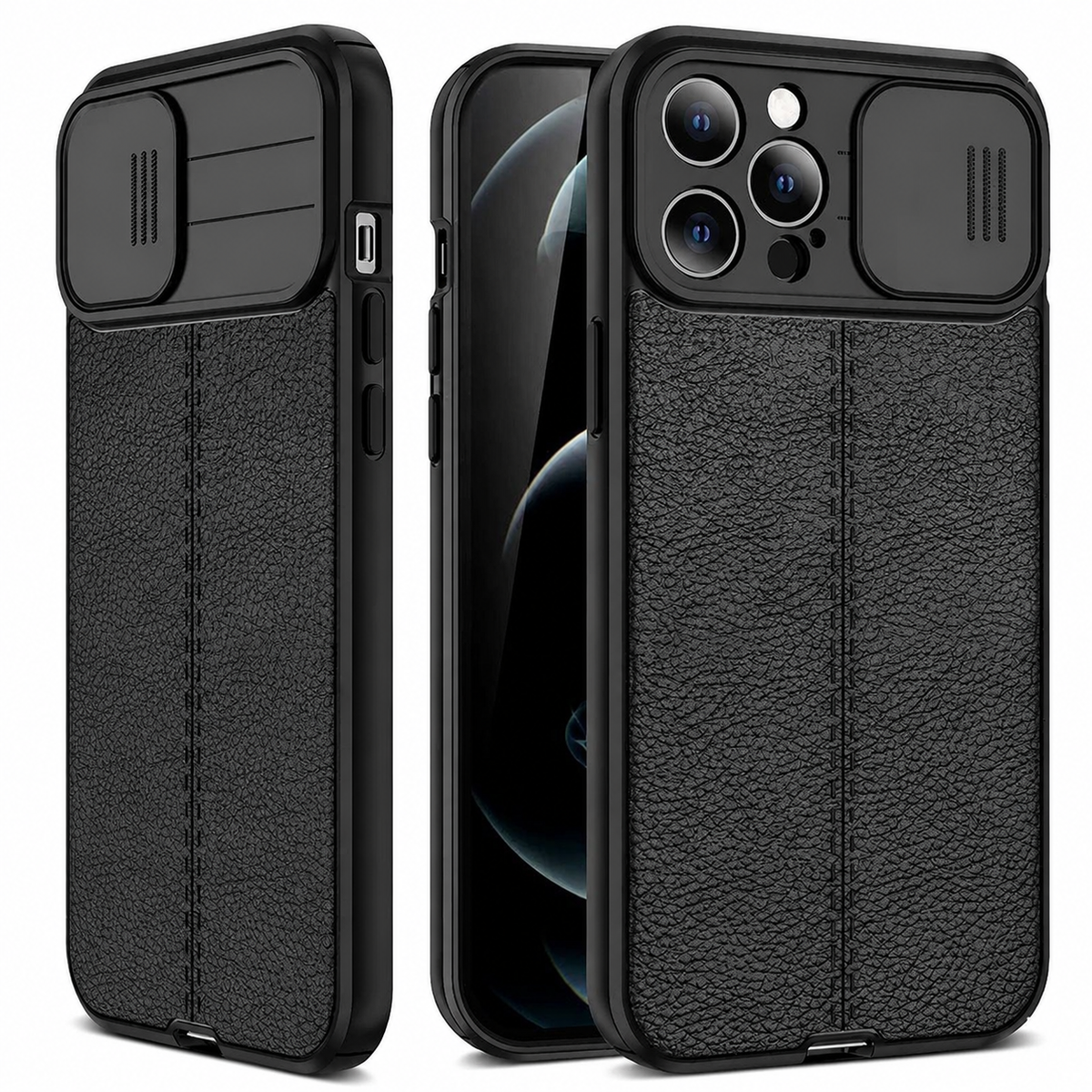 Premium iPhone Case MagSafe Compatible Leather Texture Sliding Camera Cover Shockproof Protective Cover with Lens Protection, Slim Design