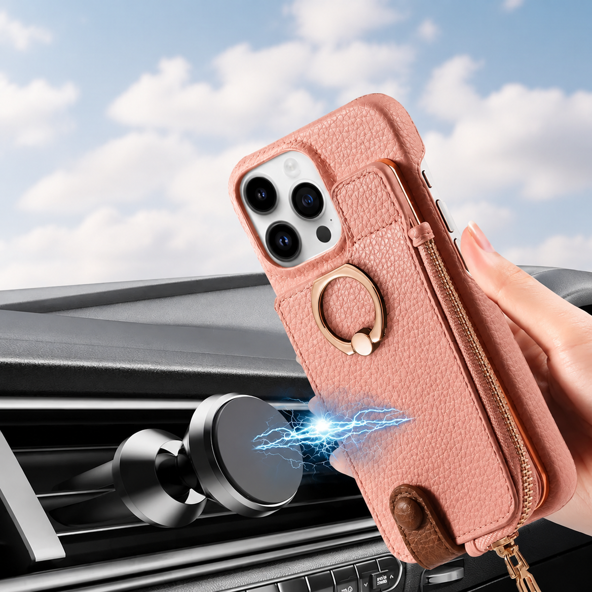 Premium iPhone Case MagSafe Compatible Leather Zipper Wallet Card Holder Ring Kickstand Magnetic Closure Shockproof Protection Camera Lens Slim Design