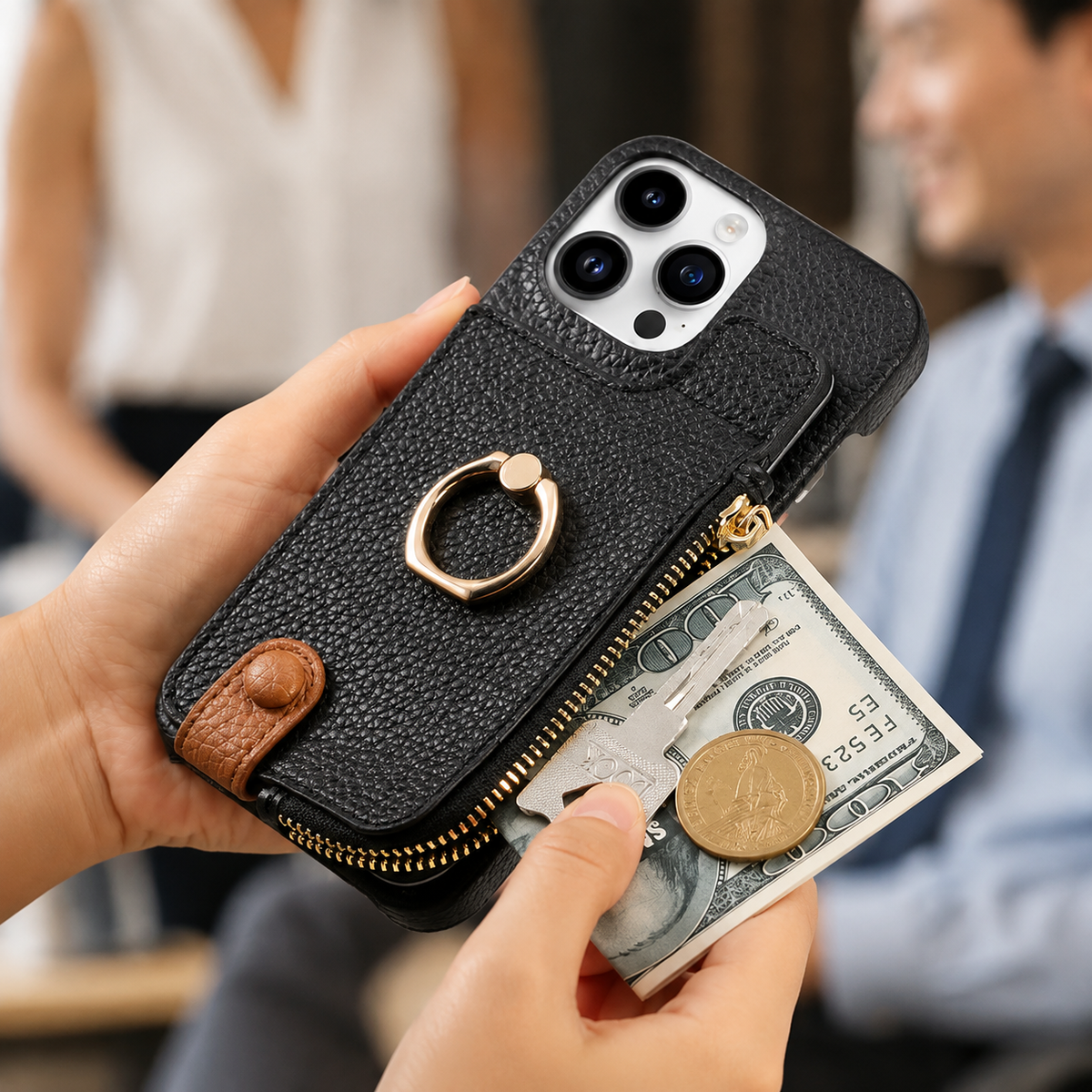 Premium iPhone Case MagSafe Compatible Leather Zipper Wallet Card Holder Ring Kickstand Magnetic Closure Shockproof Protection Camera Lens Slim Design
