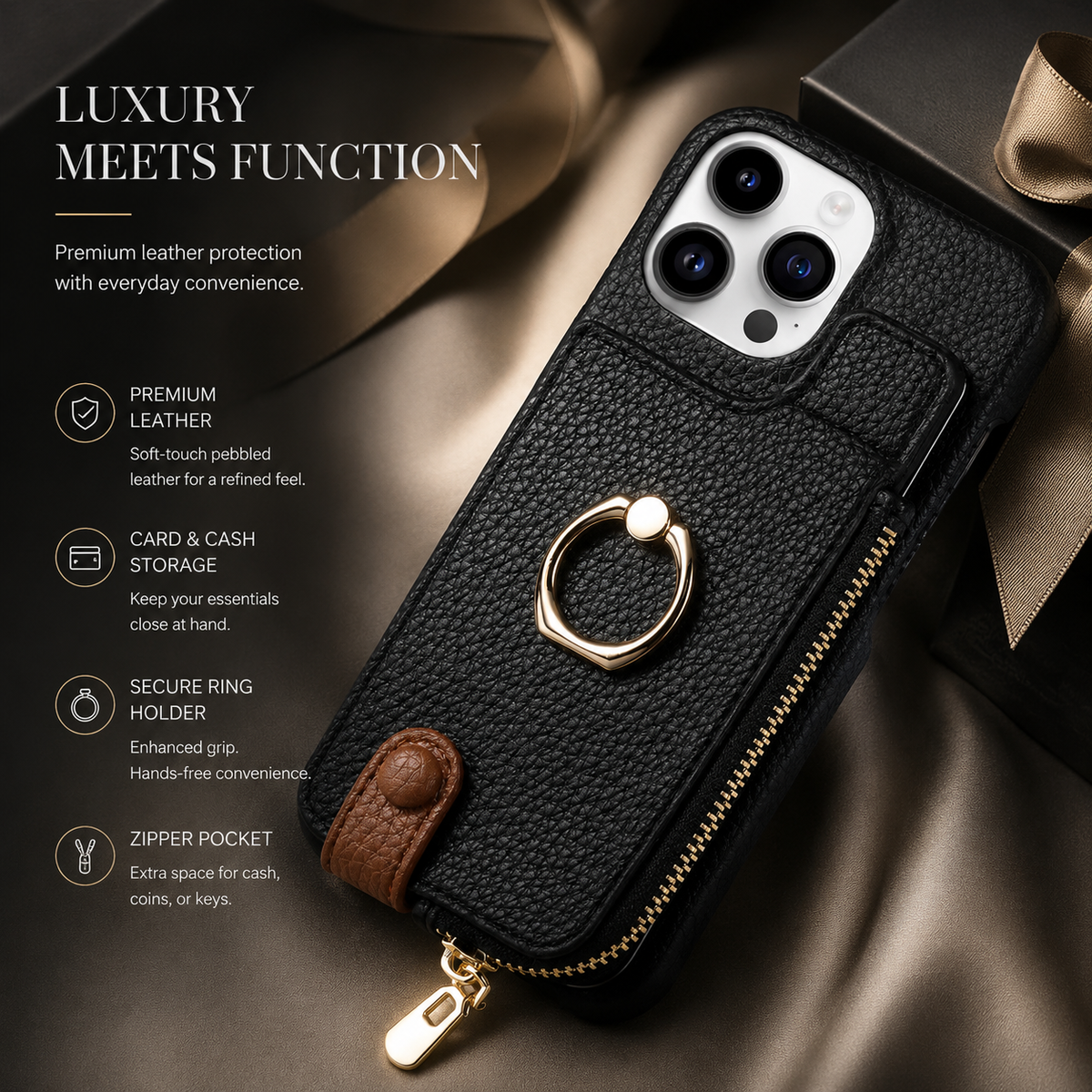 Premium iPhone Case MagSafe Compatible Leather Zipper Wallet Card Holder Ring Kickstand Magnetic Closure Shockproof Protection Camera Lens Slim Design