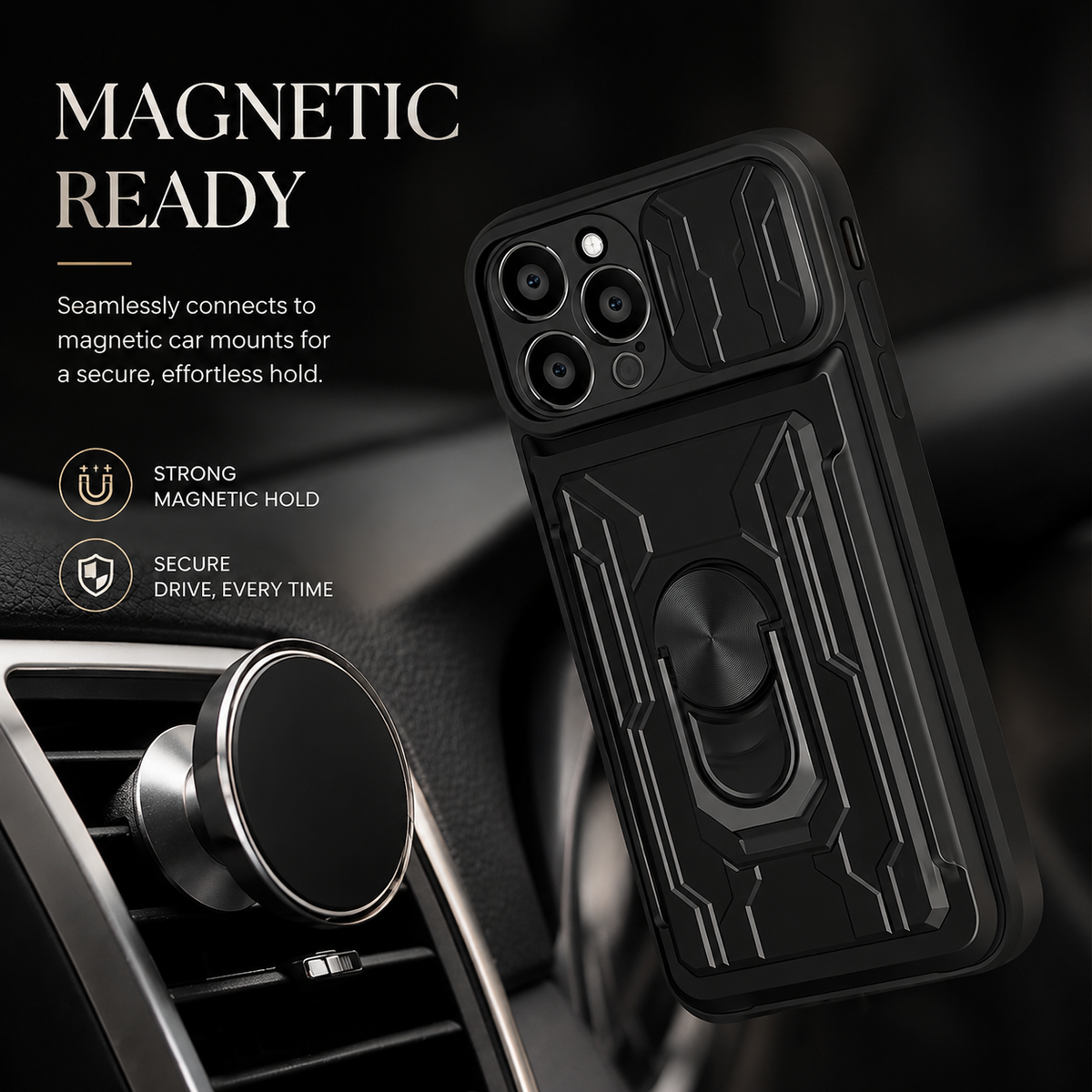 Premium iPhone Case MagSafe Compatible Liquid Silicone Card Holder Ring Stand Shockproof Camera Guard Protective Cover Slim Wireless Charging Design