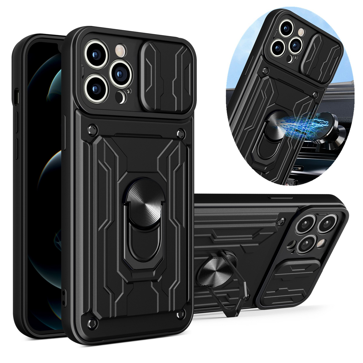 Premium iPhone Case MagSafe Compatible Liquid Silicone Card Holder Ring Stand Shockproof Camera Guard Protective Cover Slim Wireless Charging Design