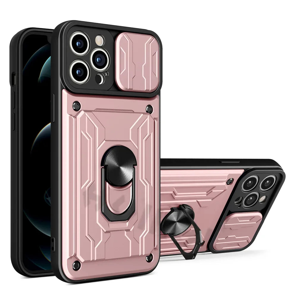 Premium iPhone Case MagSafe Compatible Liquid Silicone Card Holder Ring Stand Shockproof Camera Guard Protective Cover Slim Wireless Charging Design