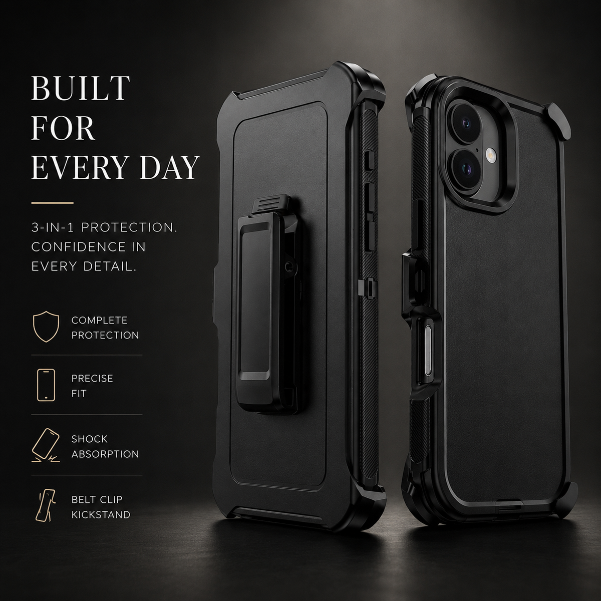 Premium iPhone Case MagSafe Compatible Rugged Holster Cover 3 Layer Shockproof Armor Belt Clip Kickstand Anti-Slip Grip Full Protection Design Durable