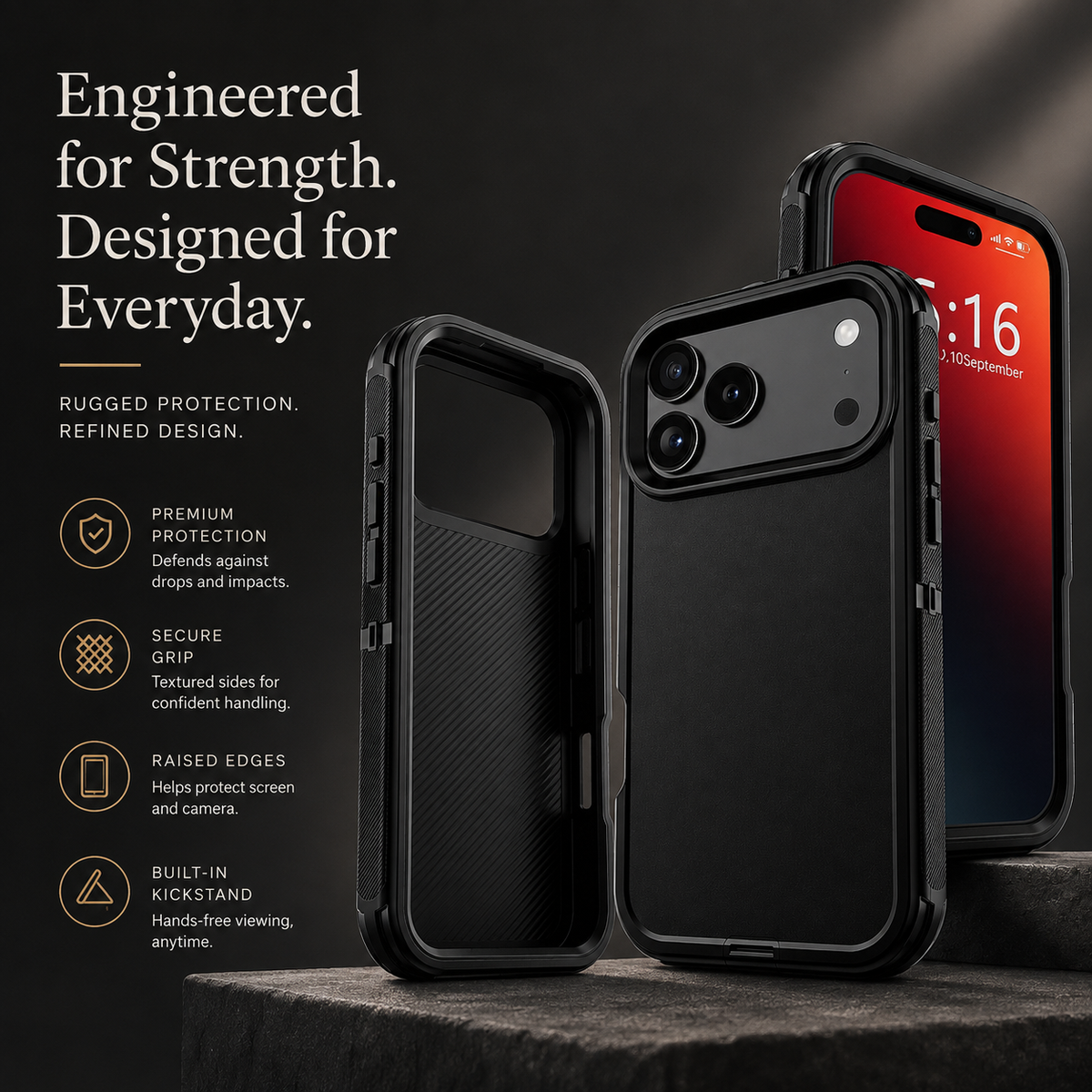 Premium iPhone Case MagSafe Compatible Rugged Holster Cover 3 Layer Shockproof Armor Belt Clip Kickstand Anti-Slip Grip Full Protection Design Durable