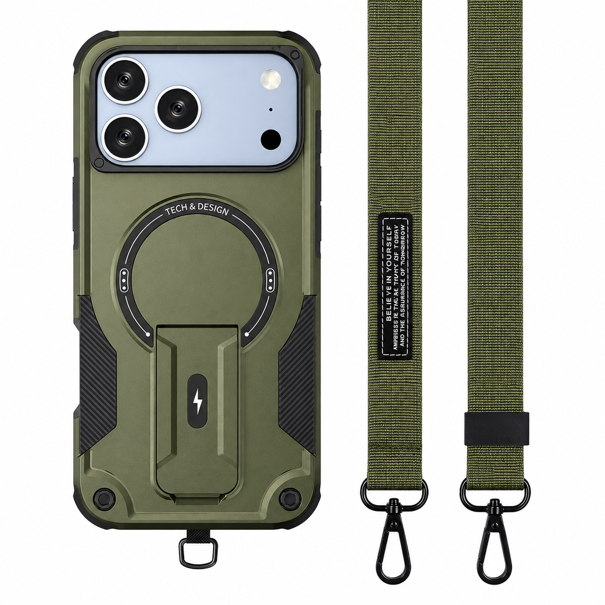 Premium iPhone Case MagSafe Compatible Shockproof Dual Layer PC TPU Kickstand Lanyard Strap Heavy Duty Anti Scratch Full Coverage Protective Cover