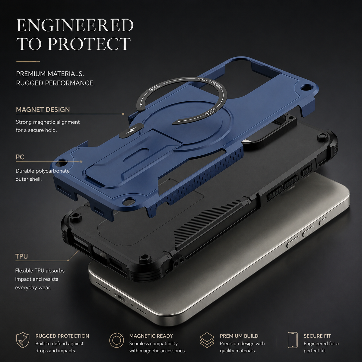 Premium iPhone Case MagSafe Compatible Shockproof PC TPU Armor Magnetic Stand Crossbody Lanyard Heavy Duty Anti Slip Rugged Protective Cover Daily Use