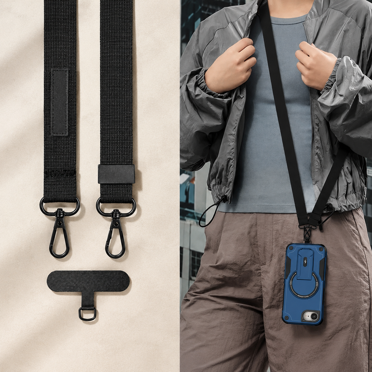 Premium iPhone Case MagSafe Compatible Shockproof PC TPU Armor Magnetic Stand Crossbody Lanyard Heavy Duty Anti Slip Rugged Protective Cover Daily Use