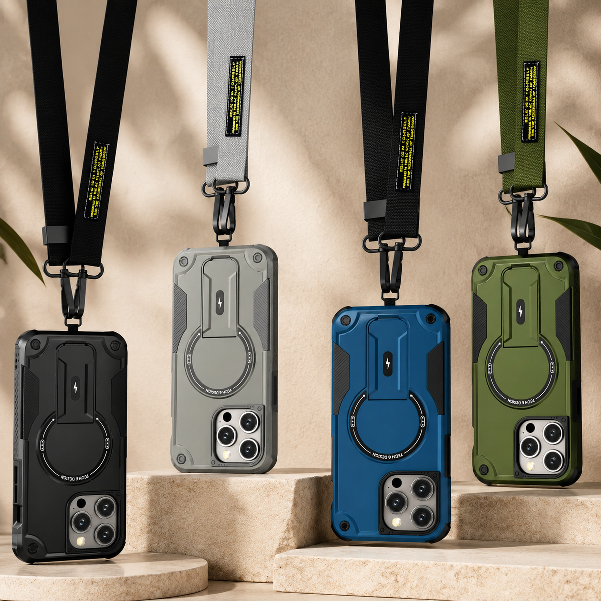 Premium iPhone Case MagSafe Compatible Shockproof PC TPU Armor Magnetic Stand Crossbody Lanyard Heavy Duty Anti Slip Rugged Protective Cover Daily Use