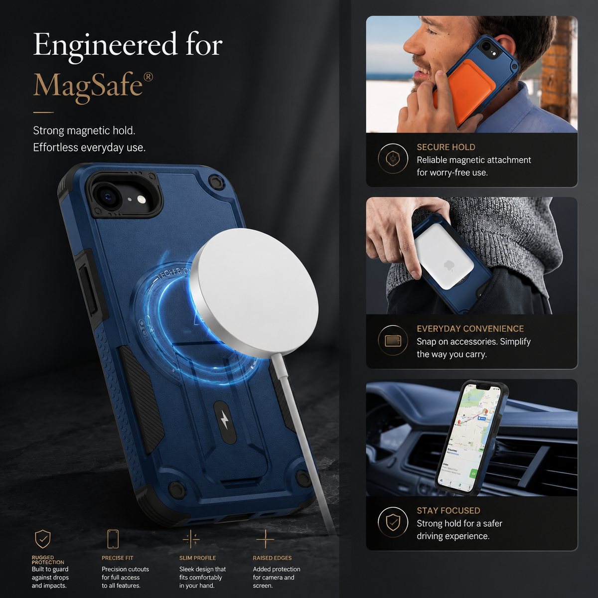 Premium iPhone Case MagSafe Compatible Shockproof PC TPU Armor Magnetic Stand Crossbody Lanyard Heavy Duty Anti Slip Rugged Protective Cover Daily Use