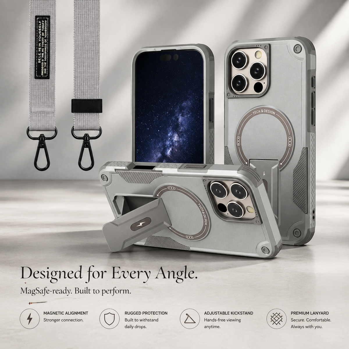 Premium iPhone Case MagSafe Compatible Shockproof PC TPU Armor Magnetic Stand Crossbody Lanyard Heavy Duty Anti Slip Rugged Protective Cover Daily Use