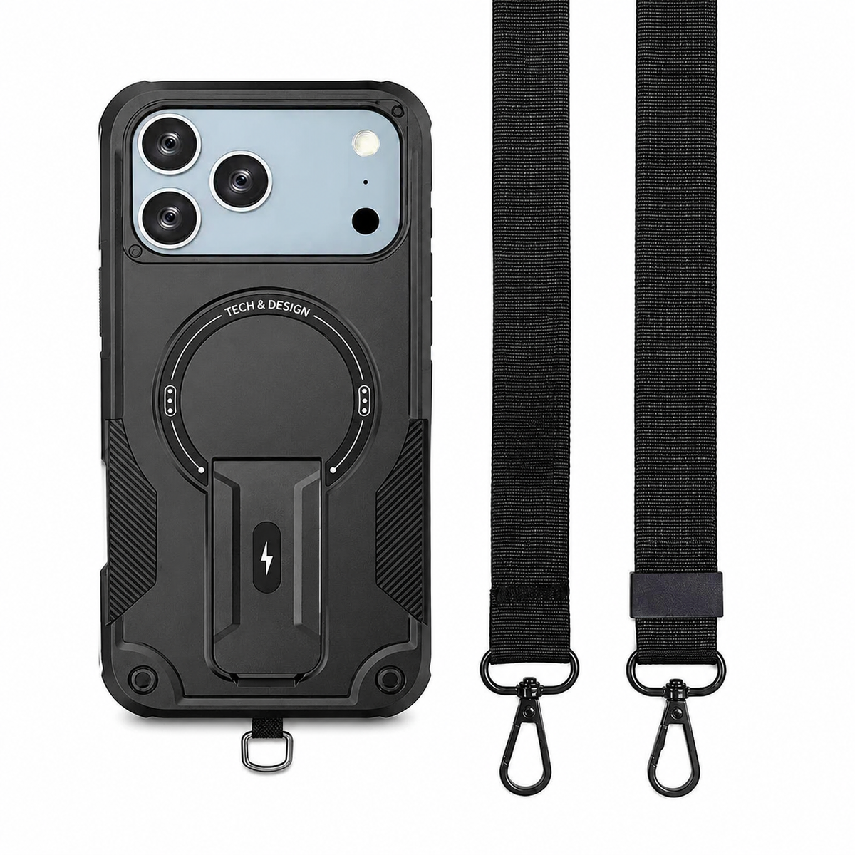 Premium iPhone Case MagSafe Compatible Shockproof PC TPU Armor Magnetic Stand Crossbody Lanyard Heavy Duty Anti Slip Rugged Protective Cover Daily Use