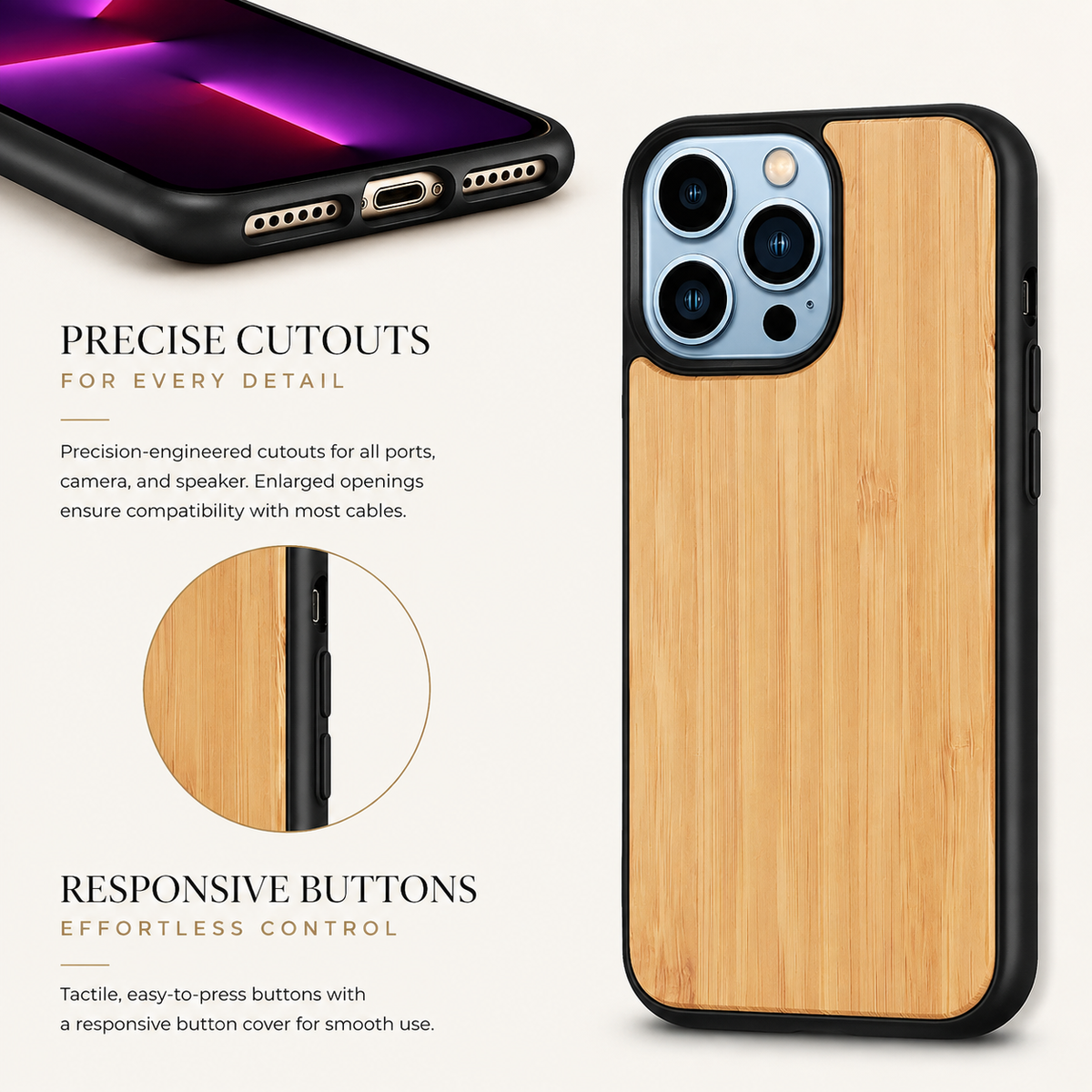 Premium iPhone Case MagSafe Compatible Solid Bamboo Wood Shockproof Hard Back Camera Lens Protection Slim Natural Design Lightweight Protective Cover