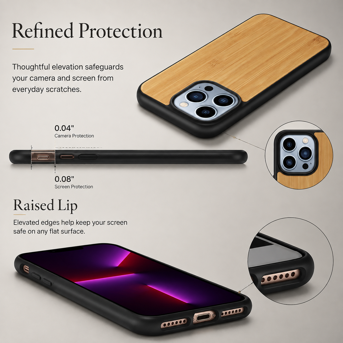 Premium iPhone Case MagSafe Compatible Solid Bamboo Wood Shockproof Hard Back Camera Lens Protection Slim Natural Design Lightweight Protective Cover