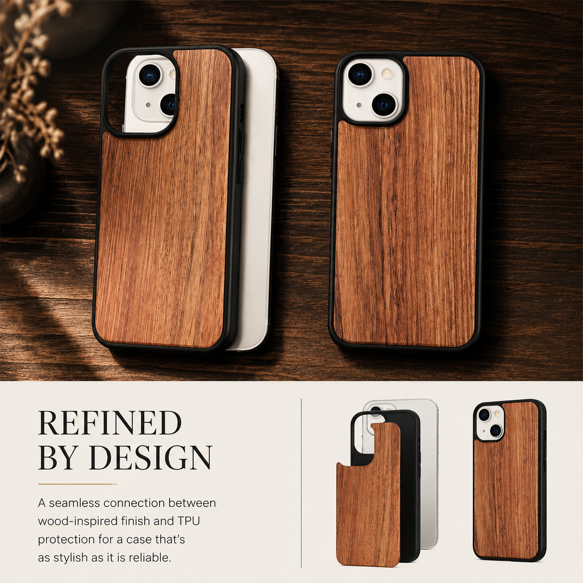 Premium iPhone Case MagSafe Compatible Solid Bamboo Wood Shockproof Hard Back Camera Lens Protection Slim Natural Design Lightweight Protective Cover