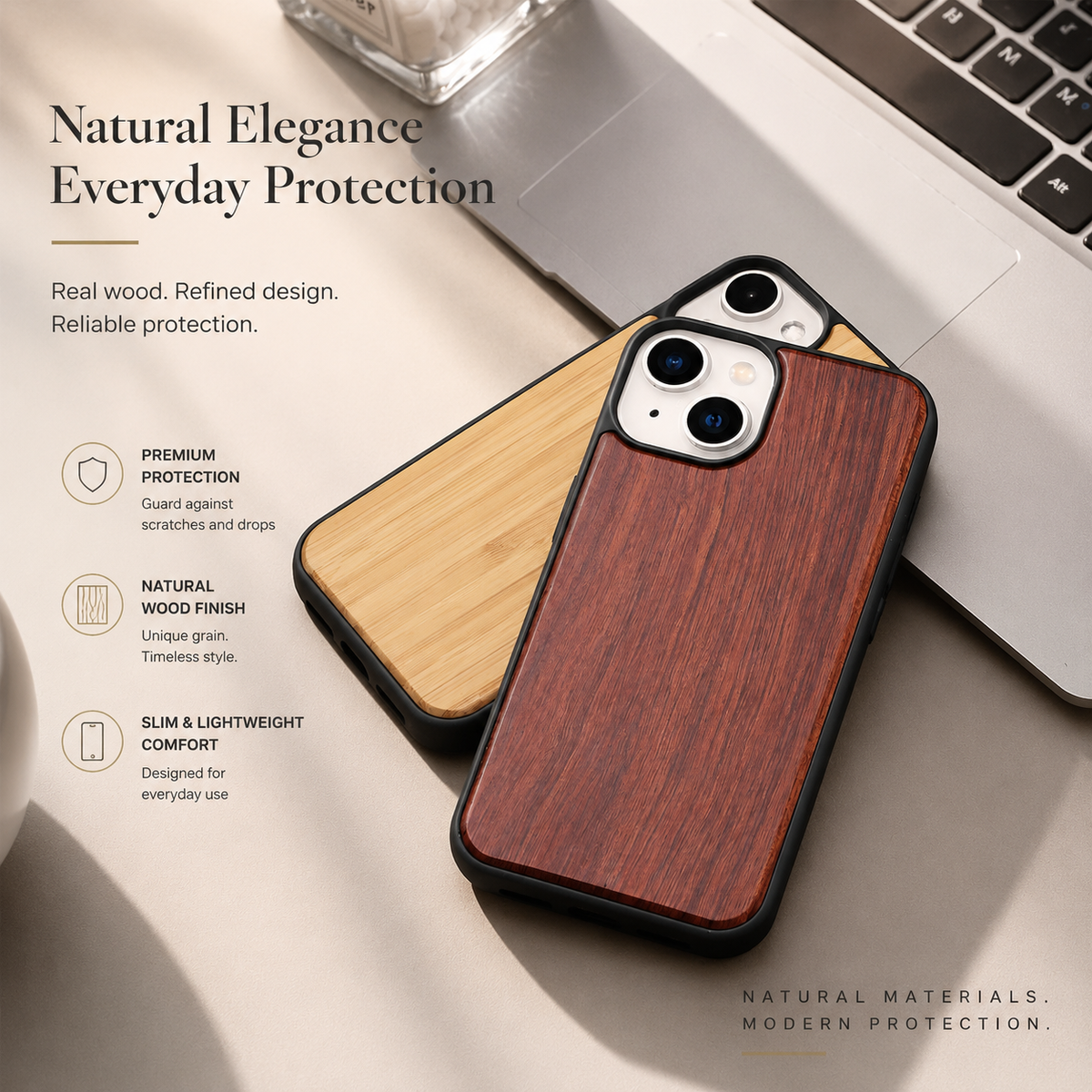 Premium iPhone Case MagSafe Compatible Solid Bamboo Wood Shockproof Hard Back Camera Lens Protection Slim Natural Design Lightweight Protective Cover