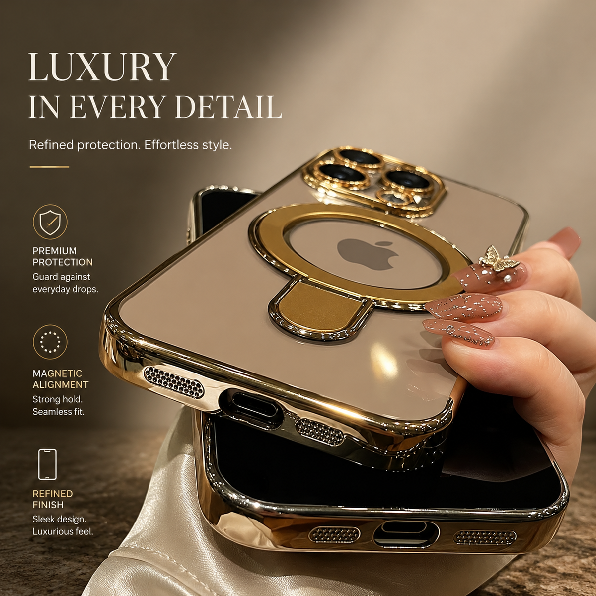Premium iPhone Case MagSafe Compatible Transparent Acrylic Magnetic Stand Shockproof Anti Fingerprint Anti Scratch Clear Plated Frame Wireless Charging Cover