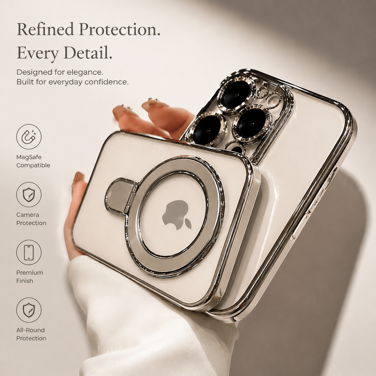 Premium iPhone Case MagSafe Compatible Transparent Acrylic Magnetic Stand Shockproof Anti Fingerprint Anti Scratch Clear Plated Frame Wireless Charging Cover
