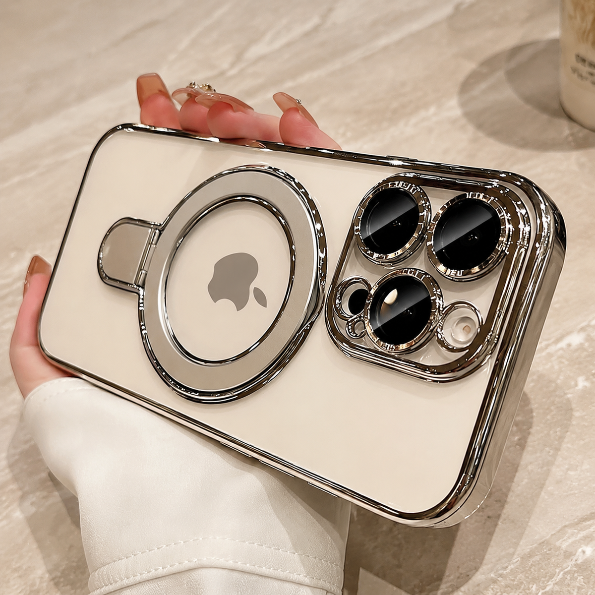 Premium iPhone Case MagSafe Compatible Transparent Acrylic Magnetic Stand Shockproof Anti Fingerprint Anti Scratch Clear Plated Frame Wireless Charging Cover