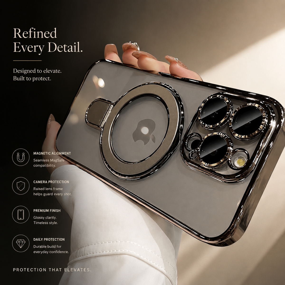 Premium iPhone Case MagSafe Compatible Transparent Acrylic Magnetic Stand Shockproof Anti Fingerprint Anti Scratch Clear Plated Frame Wireless Charging Cover