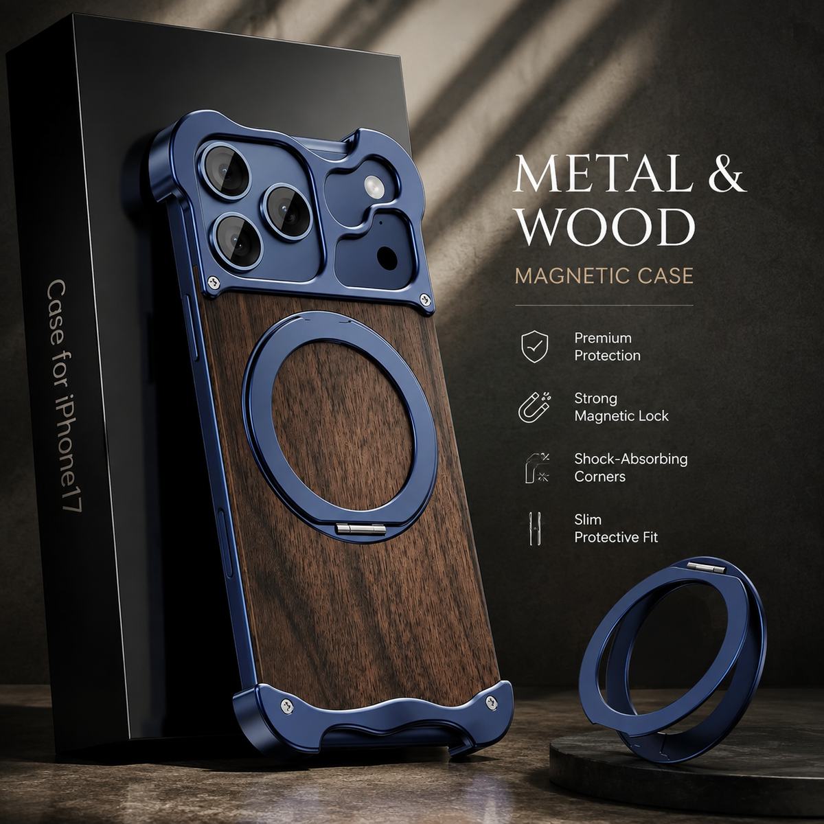 Premium iPhone Case MagSafe Compatible Wood Back Aluminum Frame Magnetic Ring Stand Shockproof Protective Cover Camera Lens Guard Slim Full Coverage