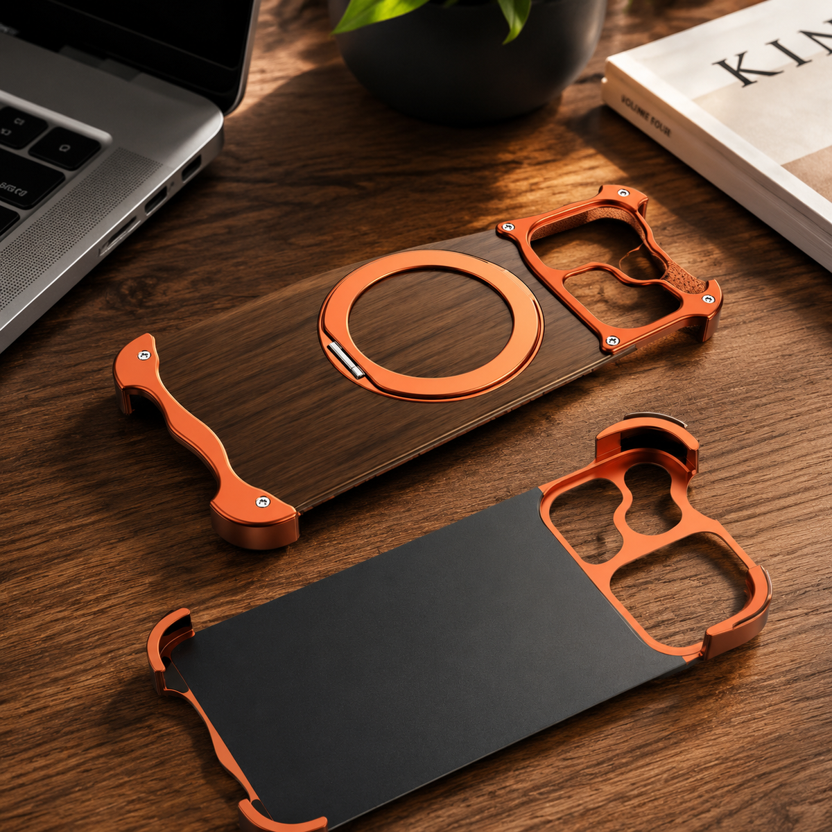 Premium iPhone Case MagSafe Compatible Wood Back Aluminum Frame Magnetic Ring Stand Shockproof Protective Cover Camera Lens Guard Slim Full Coverage