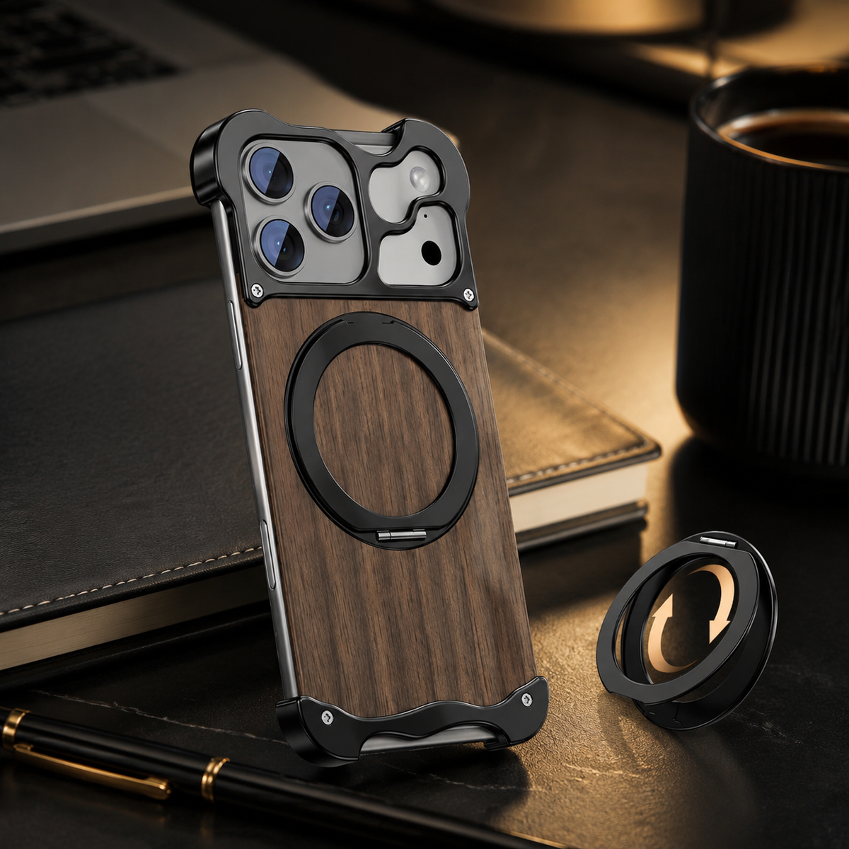 Premium iPhone Case MagSafe Compatible Wood Back Aluminum Frame Magnetic Ring Stand Shockproof Protective Cover Camera Lens Guard Slim Full Coverage