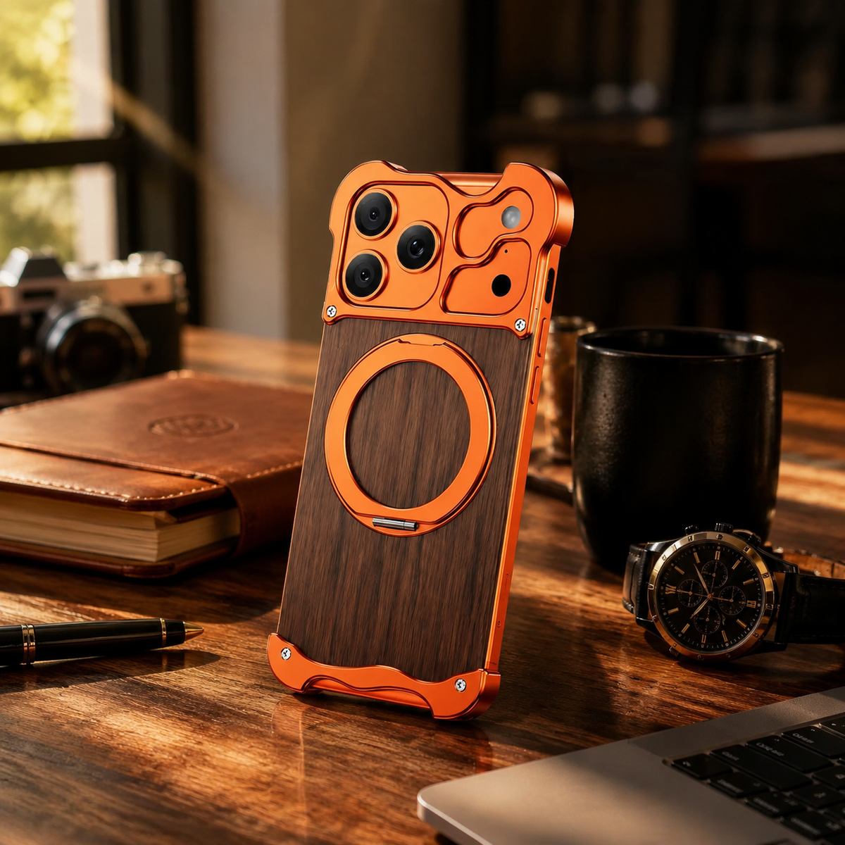 Premium iPhone Case MagSafe Compatible Wood Back Aluminum Frame Magnetic Ring Stand Shockproof Protective Cover Camera Lens Guard Slim Full Coverage