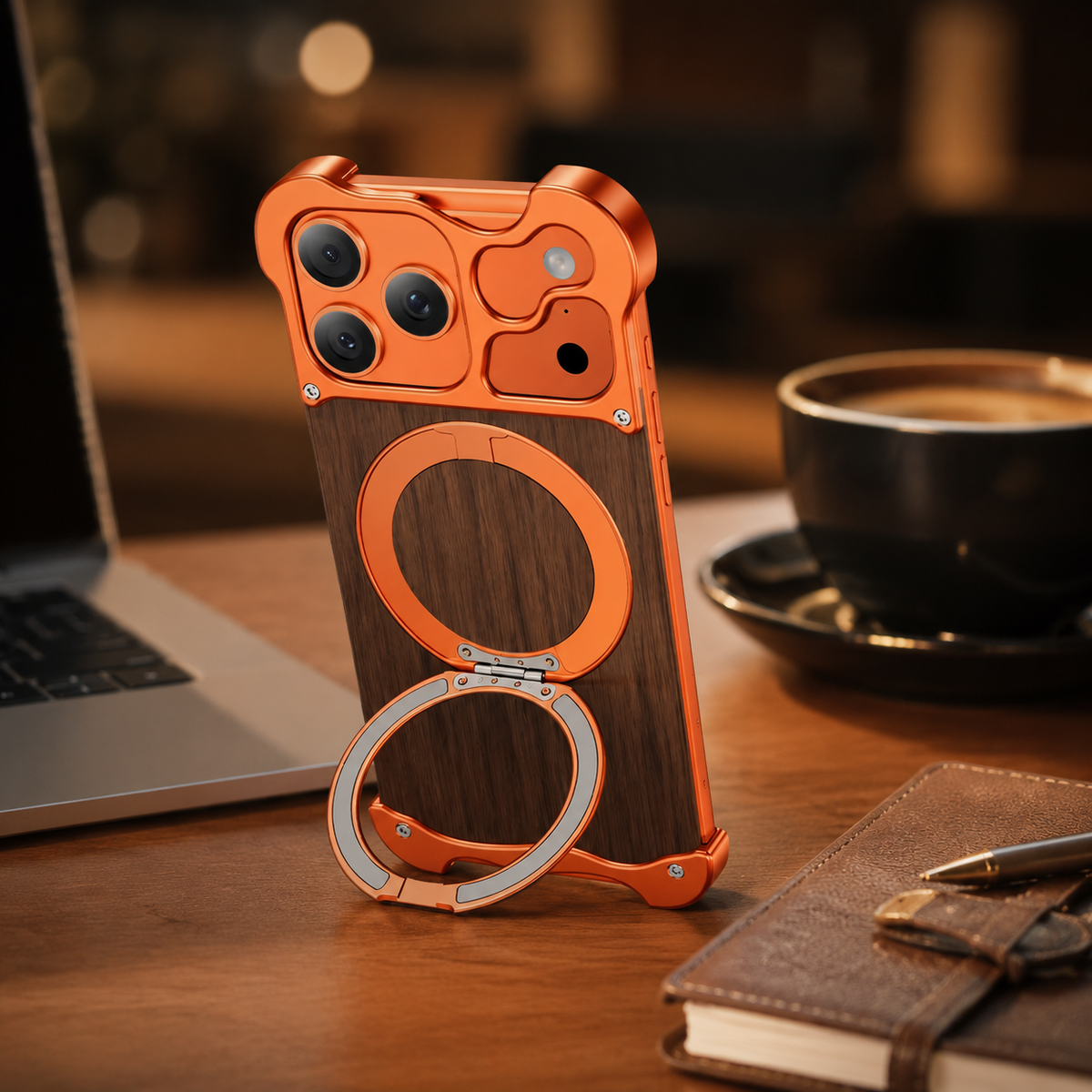Premium iPhone Case MagSafe Compatible Wood Back Aluminum Frame Magnetic Ring Stand Shockproof Protective Cover Camera Lens Guard Slim Full Coverage