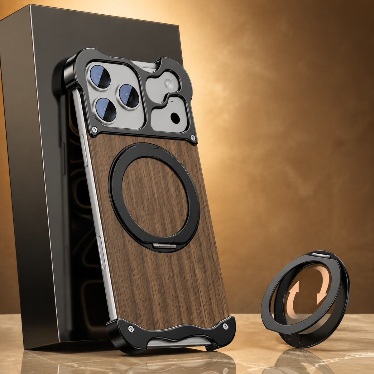 Premium iPhone Case MagSafe Compatible Wood Back Aluminum Frame Magnetic Ring Stand Shockproof Protective Cover Camera Lens Guard Slim Full Coverage