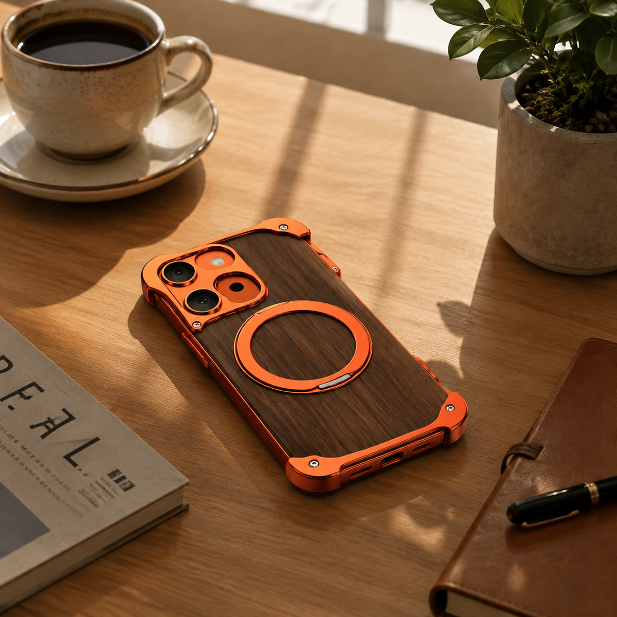 Premium iPhone Case MagSafe Compatible Wood Back Aluminum Frame Magnetic Ring Stand Shockproof Protective Cover Camera Lens Guard Slim Full Coverage