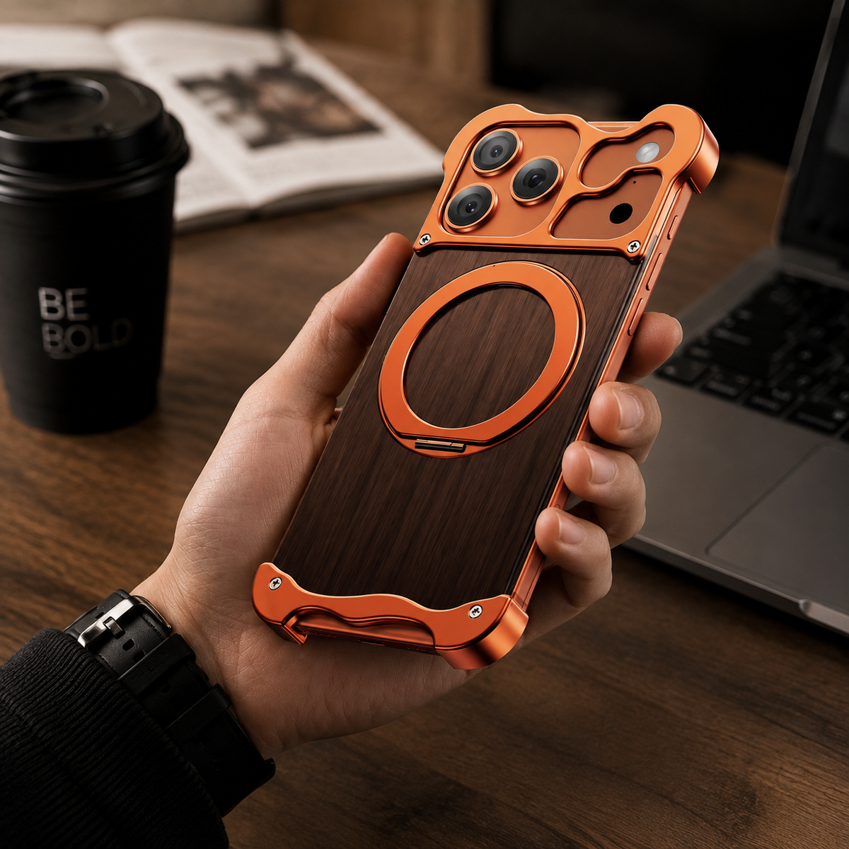 Premium iPhone Case MagSafe Compatible Wood Back Aluminum Frame Magnetic Ring Stand Shockproof Protective Cover Camera Lens Guard Slim Full Coverage