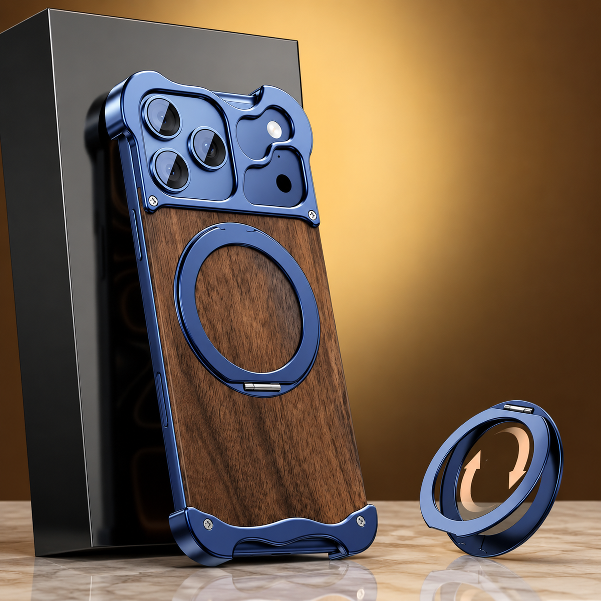 Premium iPhone Case MagSafe Compatible Wood Back Aluminum Frame Magnetic Ring Stand Shockproof Protective Cover Camera Lens Guard Slim Full Coverage