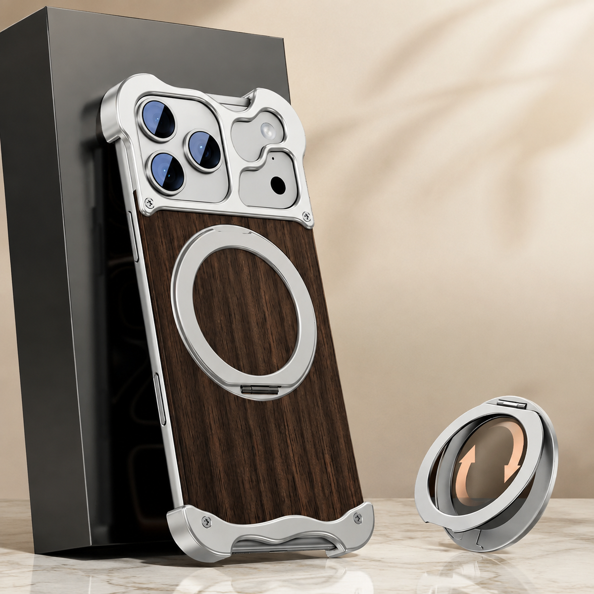Premium iPhone Case MagSafe Compatible Wood Back Aluminum Frame Magnetic Ring Stand Shockproof Protective Cover Camera Lens Guard Slim Full Coverage