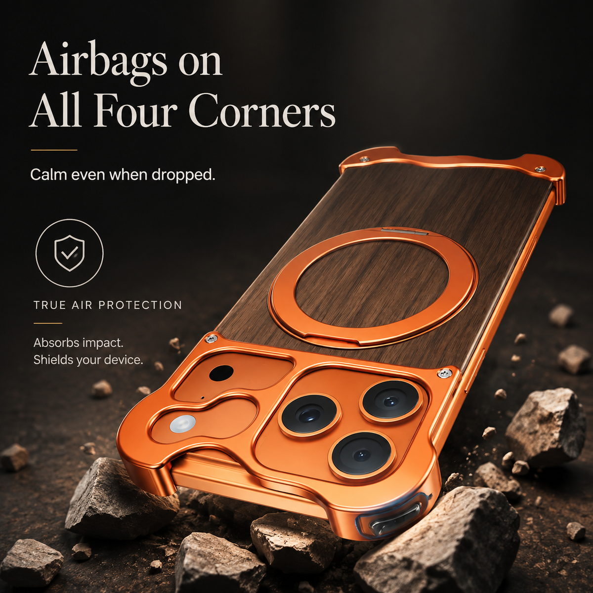 Premium iPhone Case MagSafe Compatible Wood Back Aluminum Frame Magnetic Ring Stand Shockproof Protective Cover Camera Lens Guard Slim Full Coverage