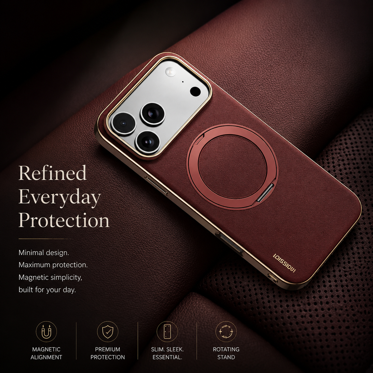 Premium iPhone Case MagSafe Cowhide Leather Magnetic Ring Holder Shockproof PC TPU Camera Lens Protection Anti Scratch Slim Full Coverage