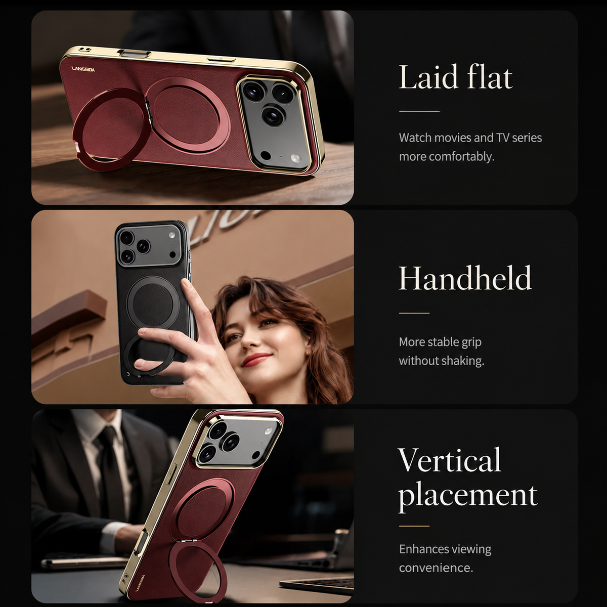 Premium iPhone Case MagSafe Cowhide Leather Magnetic Ring Holder Shockproof PC TPU Camera Lens Protection Anti Scratch Slim Full Coverage