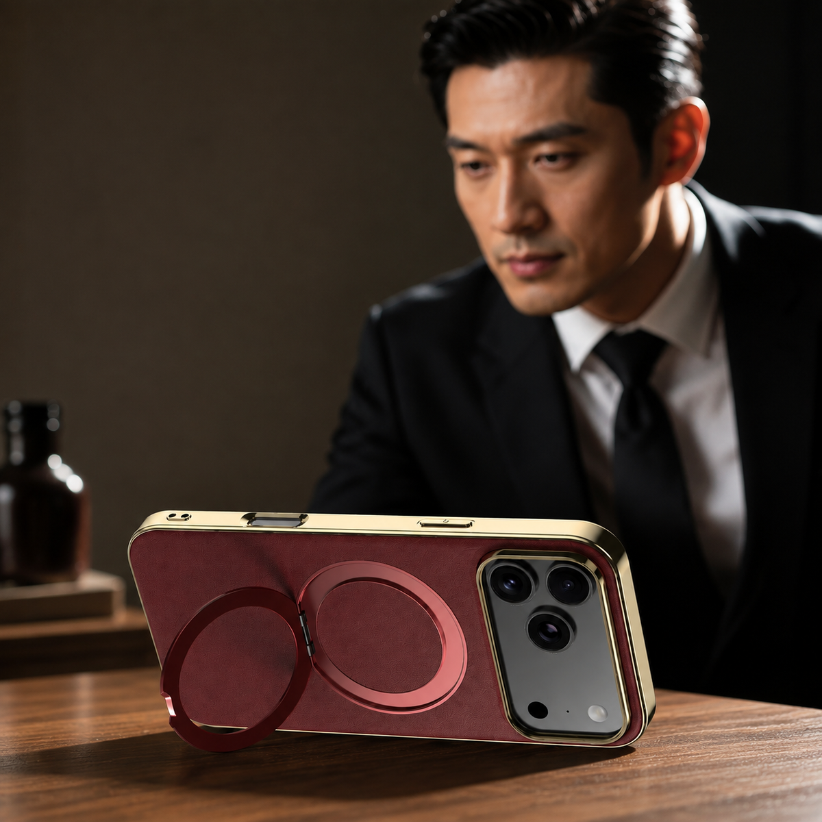 Premium iPhone Case MagSafe Cowhide Leather Magnetic Ring Holder Shockproof PC TPU Camera Lens Protection Anti Scratch Slim Full Coverage