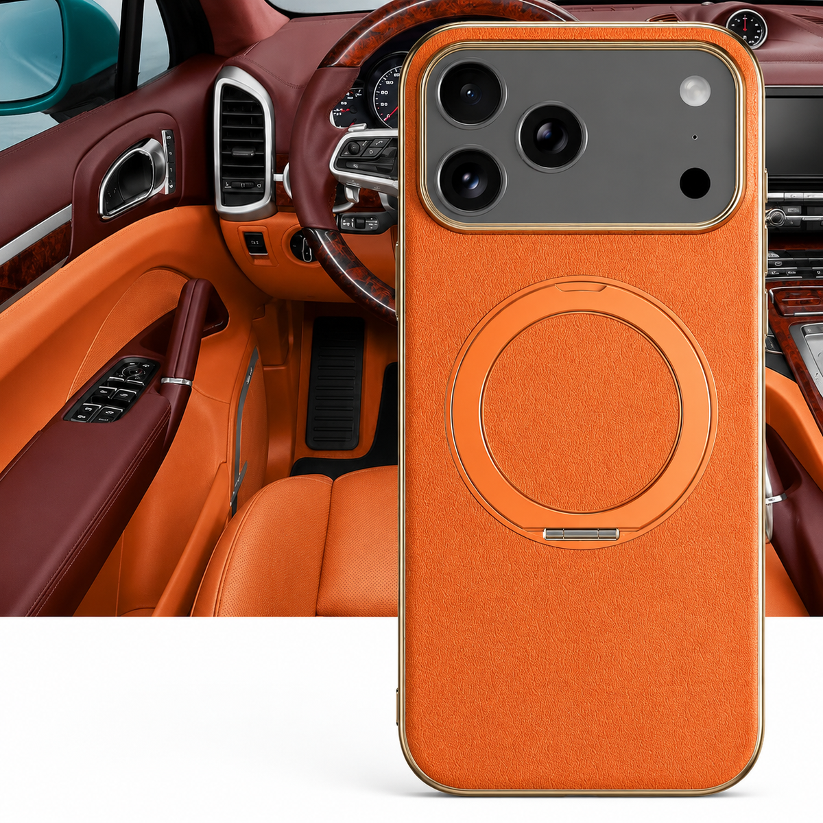 Premium iPhone Case MagSafe Cowhide Leather Magnetic Ring Holder Shockproof PC TPU Camera Lens Protection Anti Scratch Slim Full Coverage