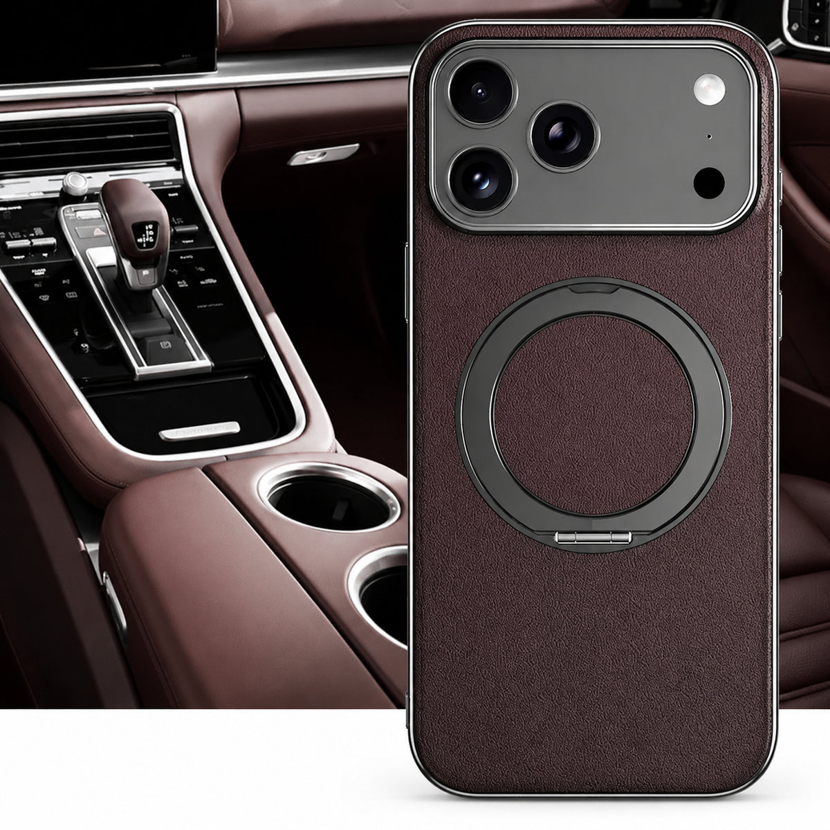 Premium iPhone Case MagSafe Cowhide Leather Magnetic Ring Holder Shockproof PC TPU Camera Lens Protection Anti Scratch Slim Full Coverage