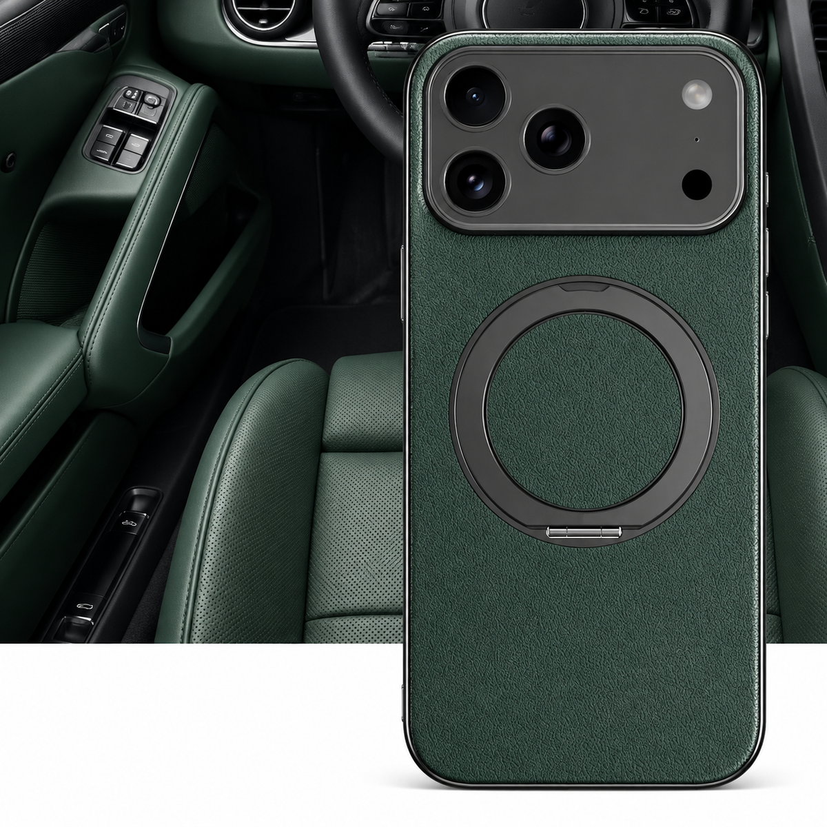 Premium iPhone Case MagSafe Cowhide Leather Magnetic Ring Holder Shockproof PC TPU Camera Lens Protection Anti Scratch Slim Full Coverage