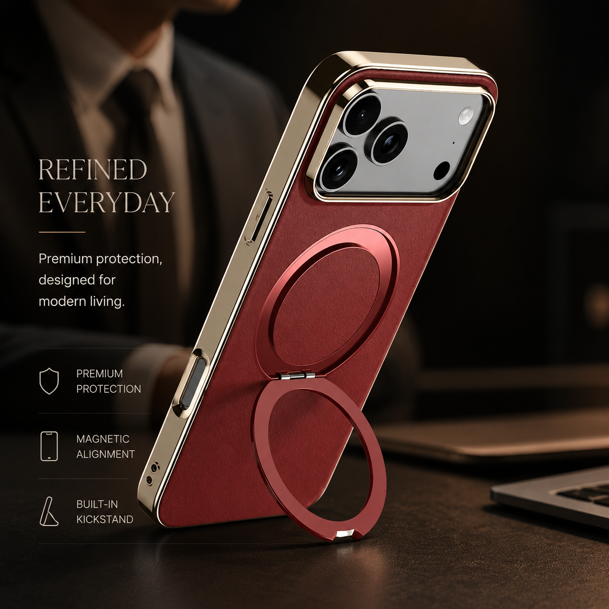 Premium iPhone Case MagSafe Cowhide Leather Magnetic Ring Holder Shockproof PC TPU Camera Lens Protection Anti Scratch Slim Full Coverage