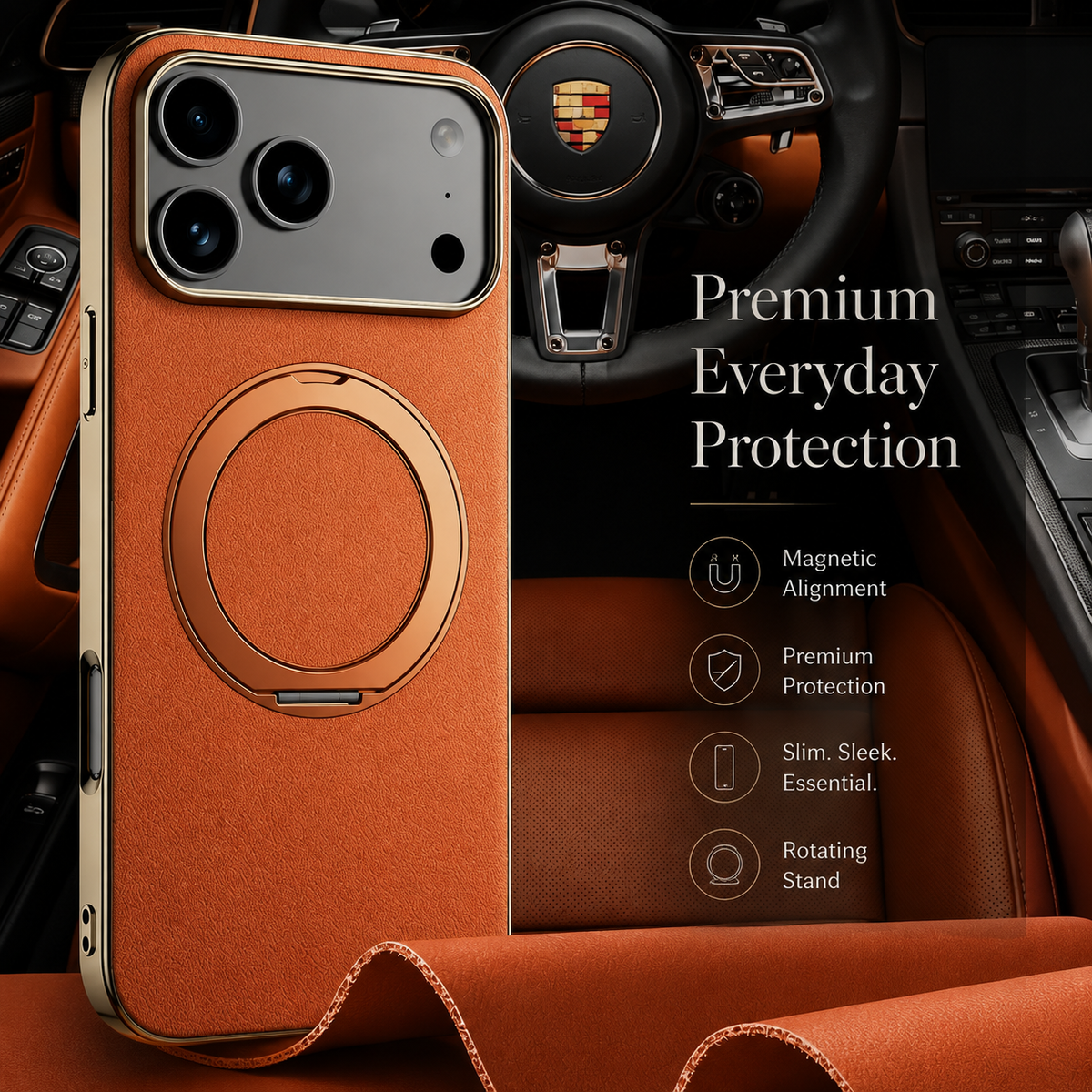Premium iPhone Case MagSafe Cowhide Leather Magnetic Ring Holder Shockproof PC TPU Camera Lens Protection Anti Scratch Slim Full Coverage