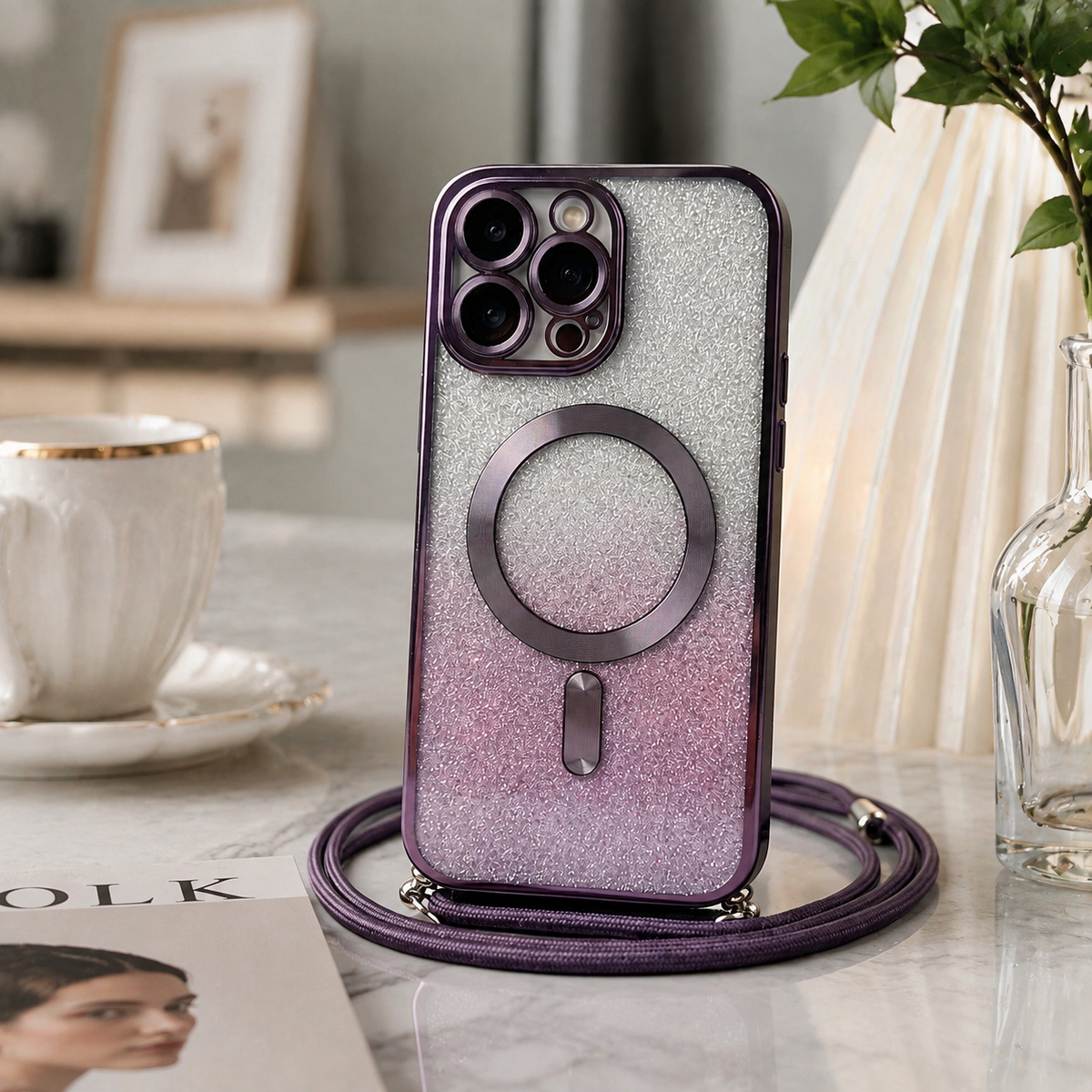 Premium iPhone Case MagSafe Crossbody Lanyard Gradient Glitter Magnetic TPU Camera Lens Protection Shockproof Anti Scratch Slim Protective Cover Daily