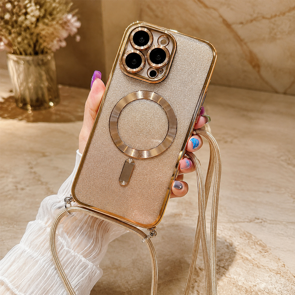 Premium iPhone Case MagSafe Crossbody Lanyard Gradient Glitter Magnetic TPU Camera Lens Protection Shockproof Anti Scratch Slim Protective Cover Daily