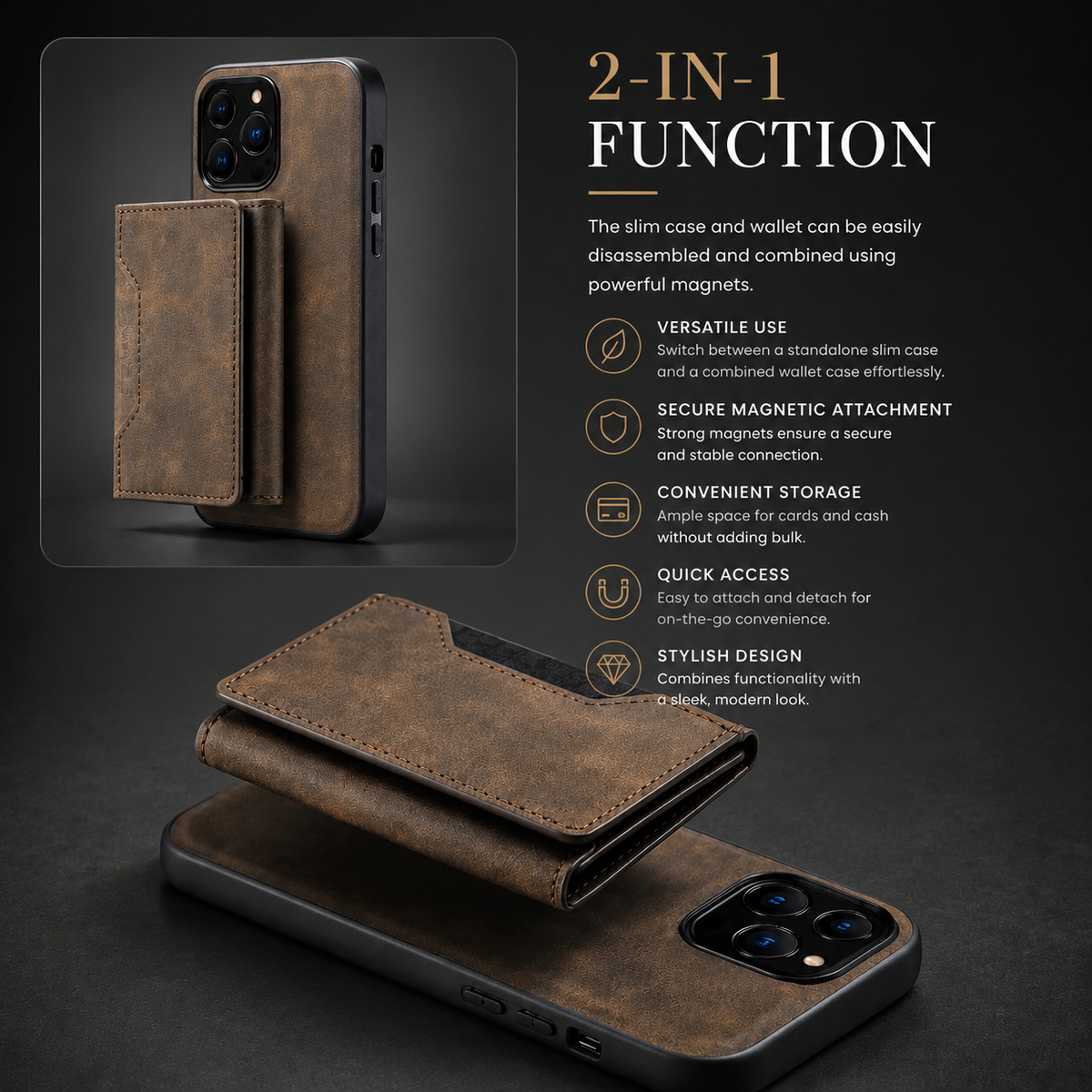 Premium iPhone Case MagSafe Detachable Leather Wallet Flip Cover Card Holder Shockproof Protective Cover Stand Full Coverage Slim Magnetic Case Design